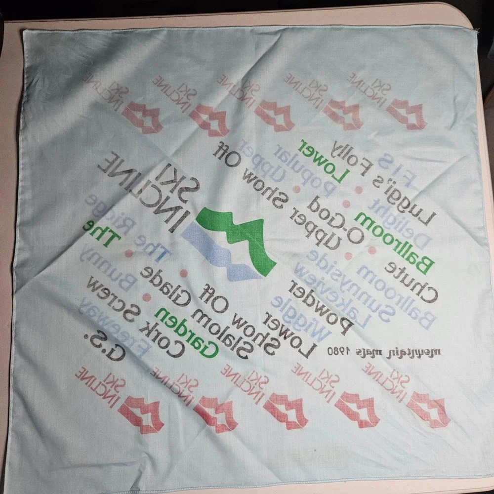 Vintage 1980 Ski Incline Mountain Mats Trail Map Bandana Light‎ Blue 22x22